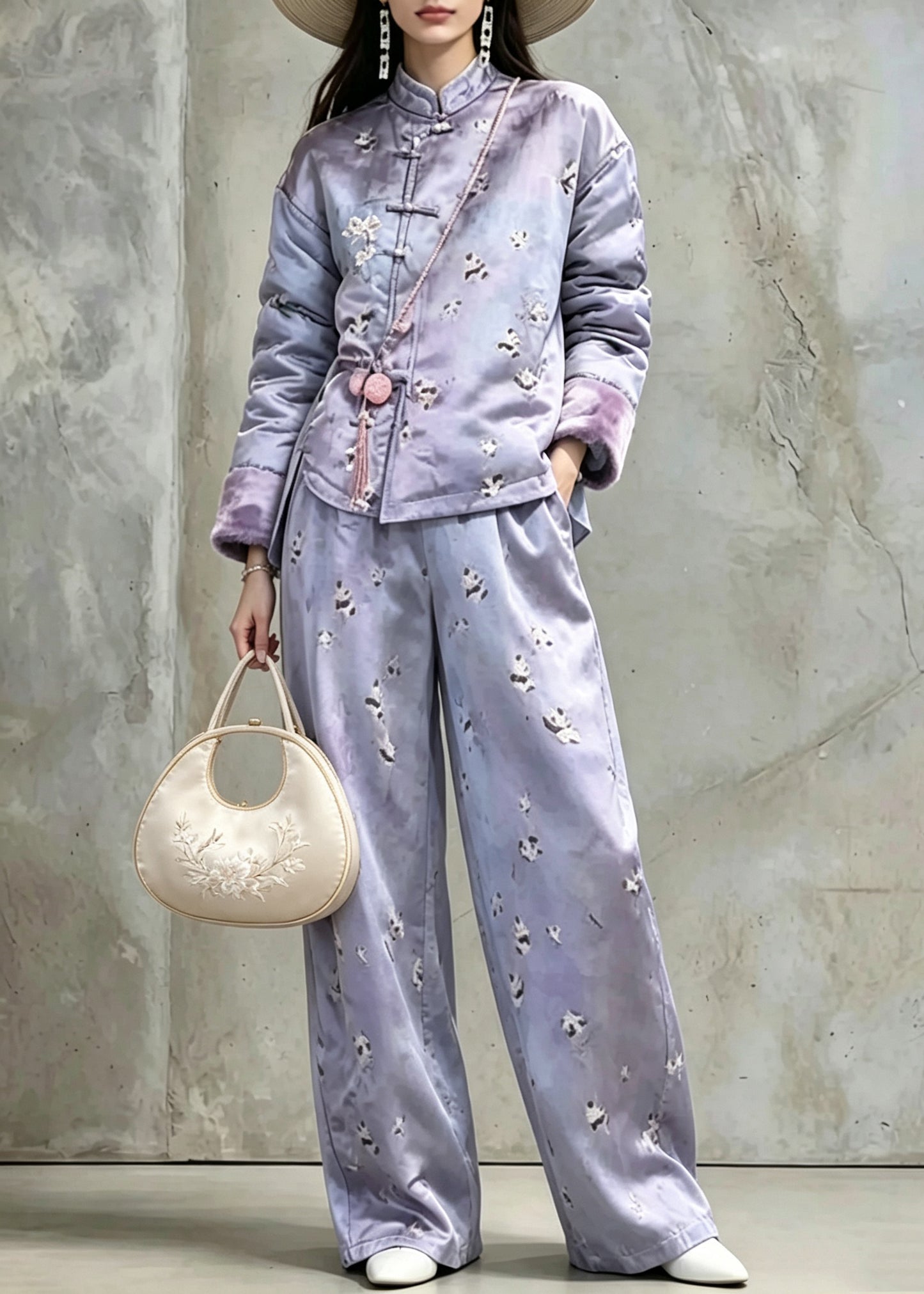 Women Purple Print Warm Fleece Coats And Pants Two Pieces Set Winter
