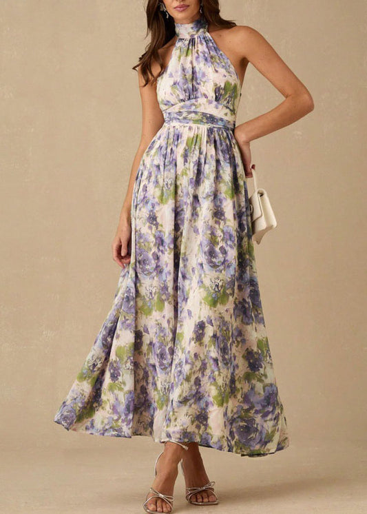 Women Purple Print Wrinkled Chiffon Long Dress Sleeveless