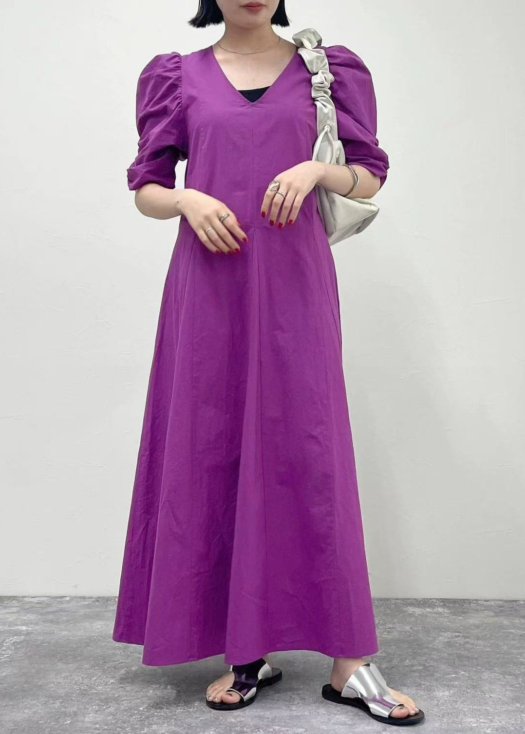 Women Purple Puff Sleeve Cotton Party Dress Summer