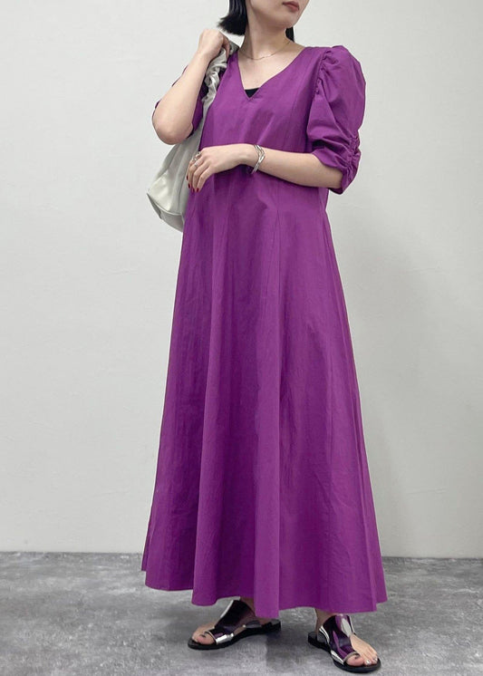 Women Purple Puff Sleeve Cotton Party Dress Summer