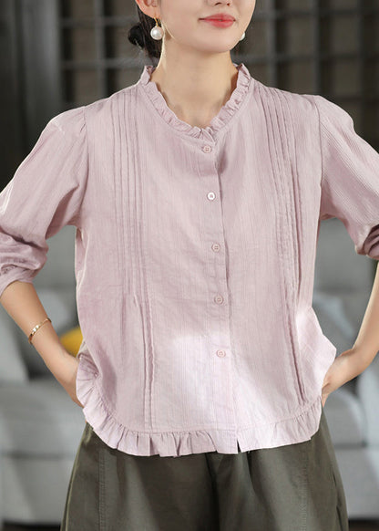 Women Purple Ruffled Button Patchwork Cotton Shirt Fall