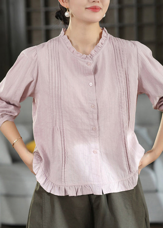 Women Purple Ruffled Button Patchwork Cotton Shirt Fall