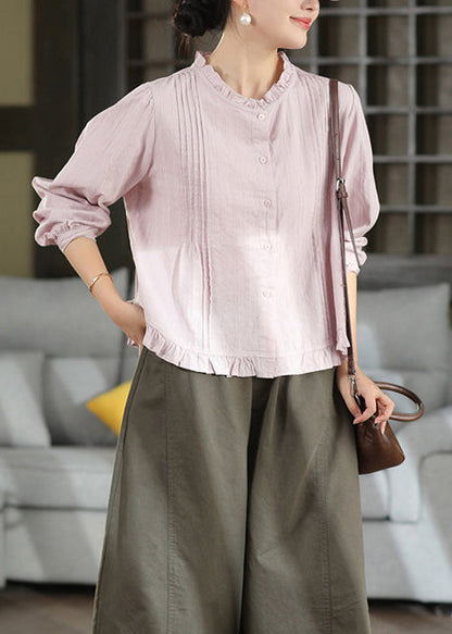 Women Purple Ruffled Button Patchwork Cotton Shirt Fall