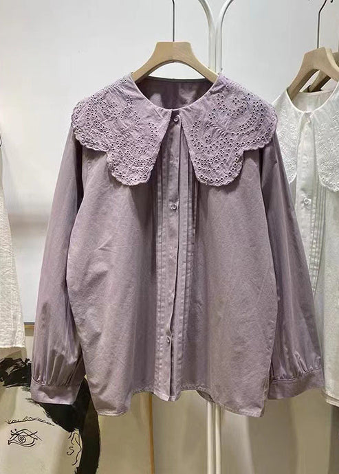 Women Purple Ruffled Hollow Out Cotton Blouse Tops Spring