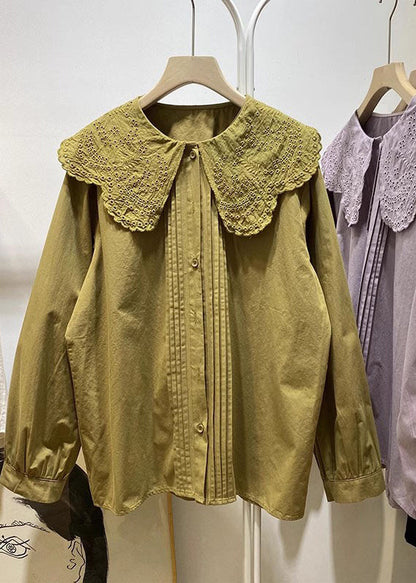 Women Purple Ruffled Hollow Out Cotton Blouse Tops Spring