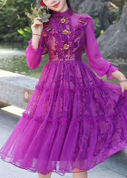 Women Purple Ruffled Jacquard Tulle Dress Summer