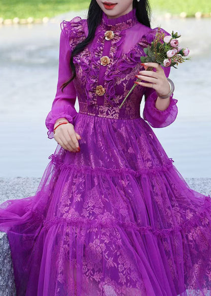 Women Purple Ruffled Jacquard Tulle Dress Summer
