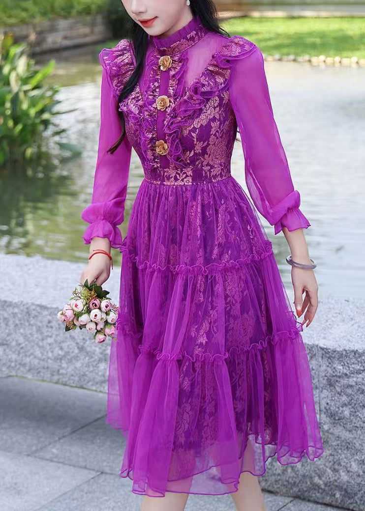 Women Purple Ruffled Jacquard Tulle Dress Summer