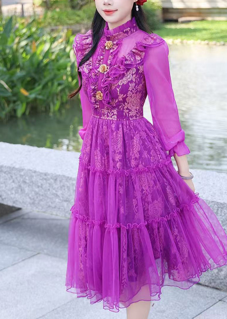 Women Purple Ruffled Jacquard Tulle Dress Summer