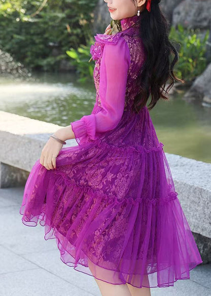 Women Purple Ruffled Jacquard Tulle Dress Summer