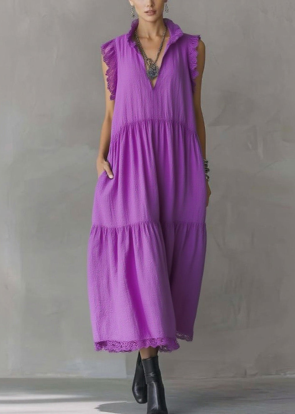 Women Purple Ruffled Lace Patchwork Cotton Dresses Sleeveless