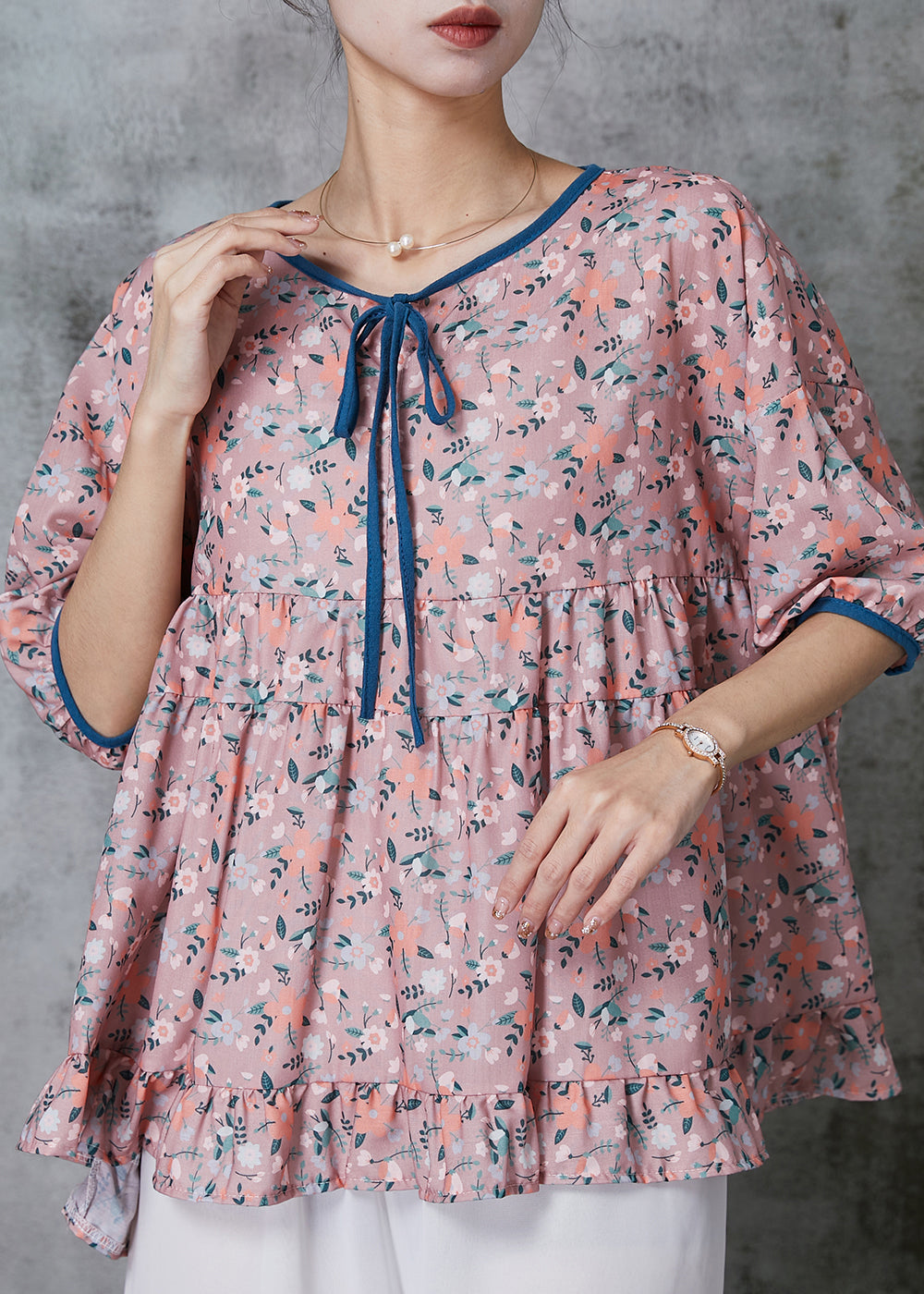 Women Purple Ruffled Print Cotton Blouses Summer