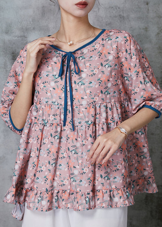 Women Purple Ruffled Print Cotton Blouses Summer