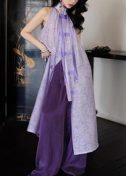 Women Purple Stand Collar Asymmetrical Button Tassel Maxi Dresses Summer