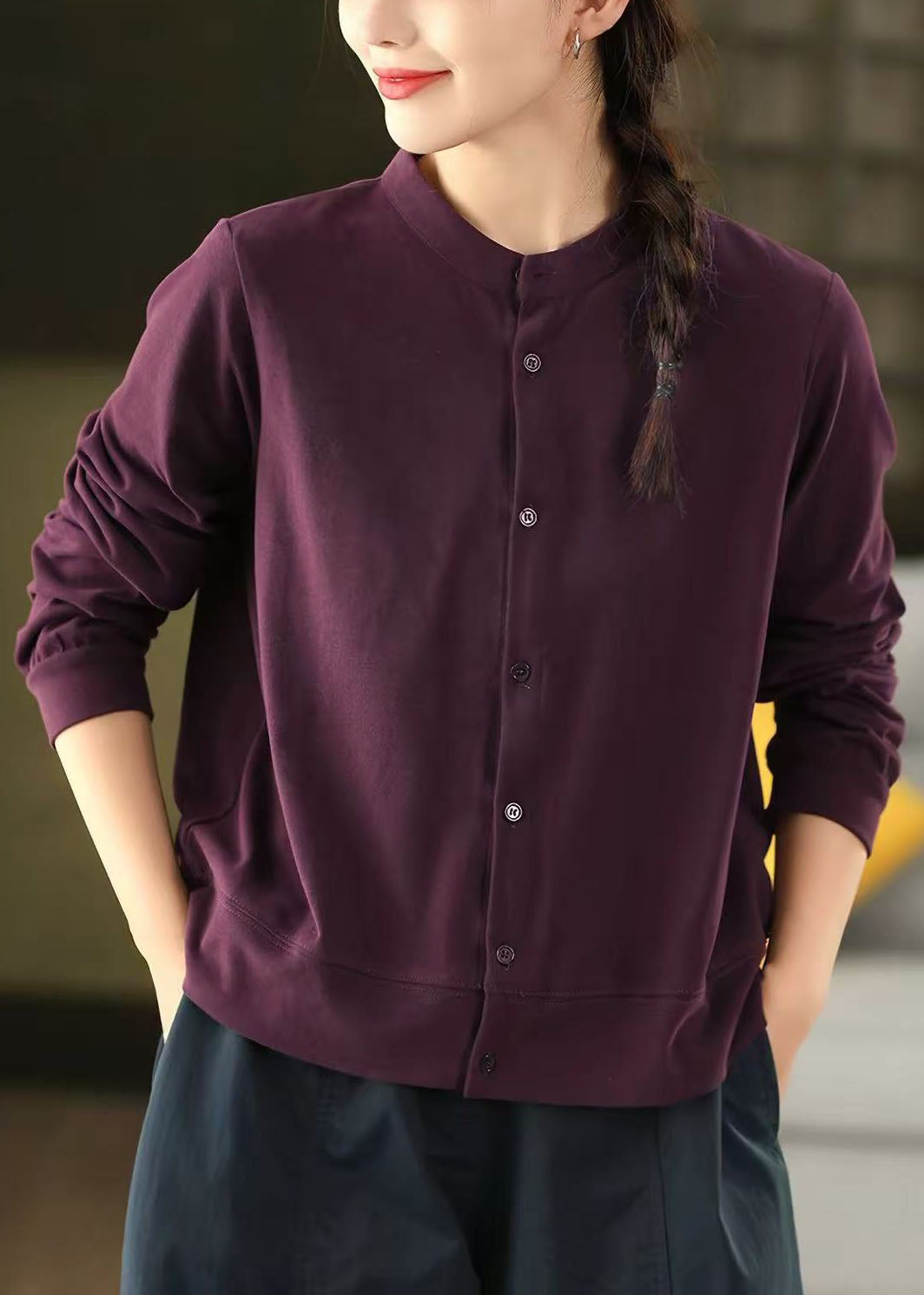 Women Purple Stand Collar Cotton Shirt Tops Fall