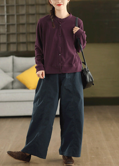Women Purple Stand Collar Cotton Shirt Tops Fall