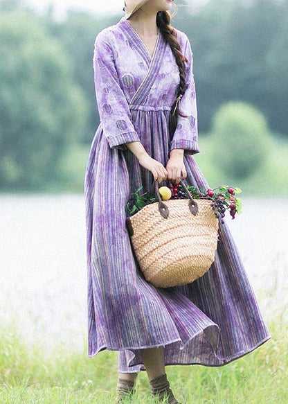 Women Purple Striped Quilting Dresses Patchwork Two Ways To Wear long Spring Dress - SooLinen