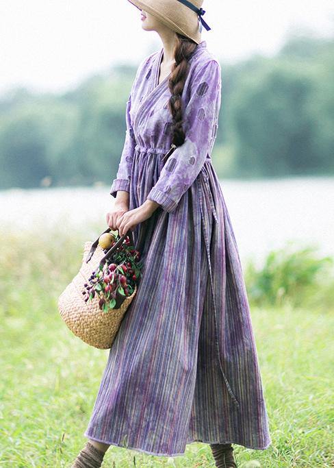 Women Purple Striped Quilting Dresses Patchwork Two Ways To Wear long Spring Dress - SooLinen