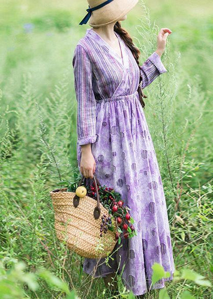 Women Purple Striped Quilting Dresses Patchwork Two Ways To Wear long Spring Dress - SooLinen