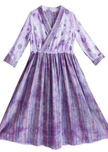 Women Purple Striped Quilting Dresses Patchwork Two Ways To Wear long Spring Dress - SooLinen