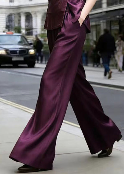 Women Purple Top And Wide Leg Pants Silk Two Piece Set Summer