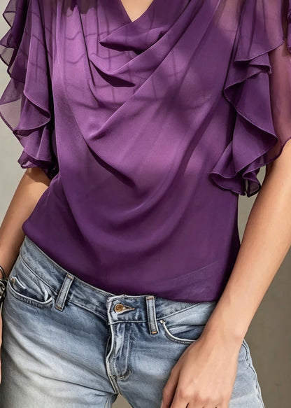 Women Purple Turtle Neck Floral Chiffon Shirts Butterfly Sleeve