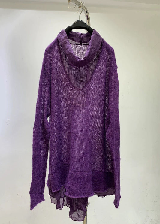 Women Purple Turtleneck Hollow Out Solid Knit Sweaters Fall