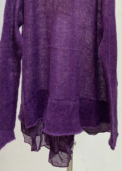Women Purple Turtleneck Hollow Out Solid Knit Sweaters Fall