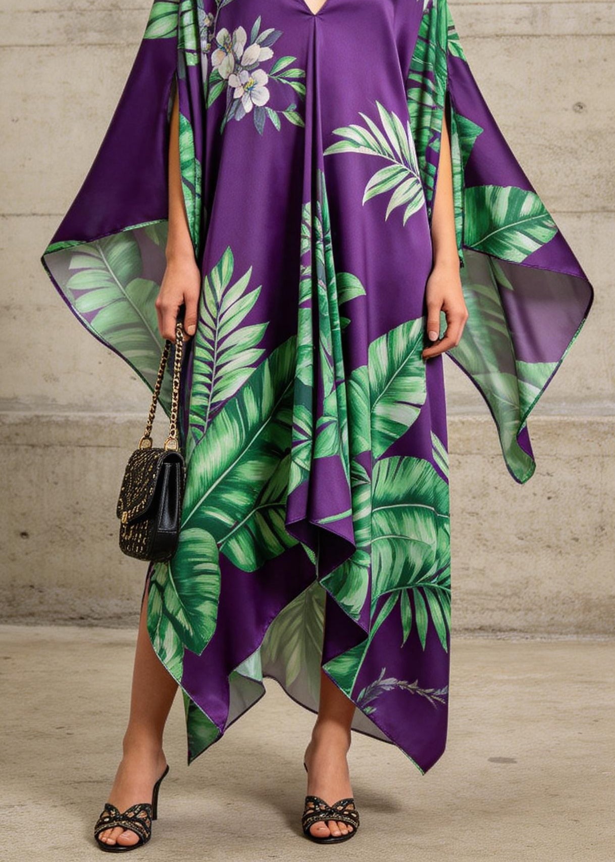 Women Purple V Neck Asymmetrical Design Print Chiffon Dress Summer