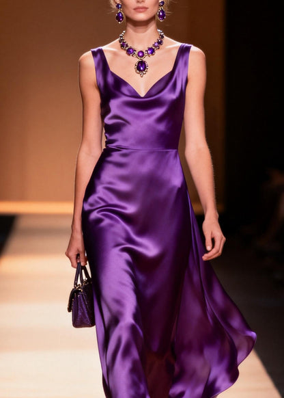Women Purple V Neck Draping Silk Maxi Dresses Sleeveless