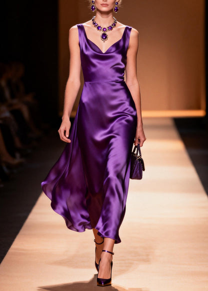 Women Purple V Neck Draping Silk Maxi Dresses Sleeveless