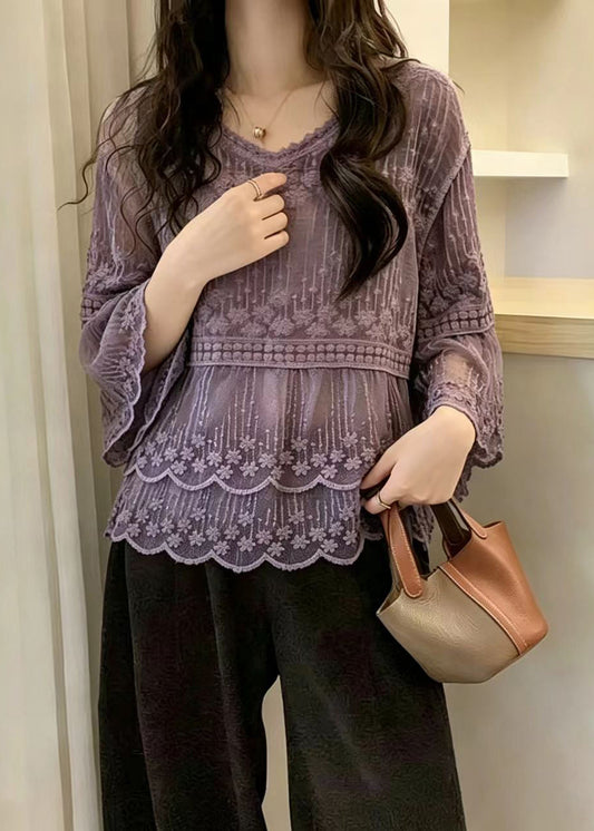 Women Purple V Neck Embroidered Lace Top Flare Sleeve