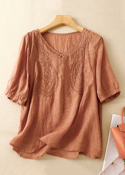 Women Purple V Neck Embroidered Linen T Shirt Summer