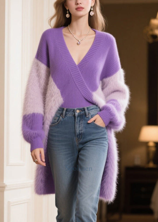 Women Purple V Neck Patchwork Faux Fur Long Sweater Winter