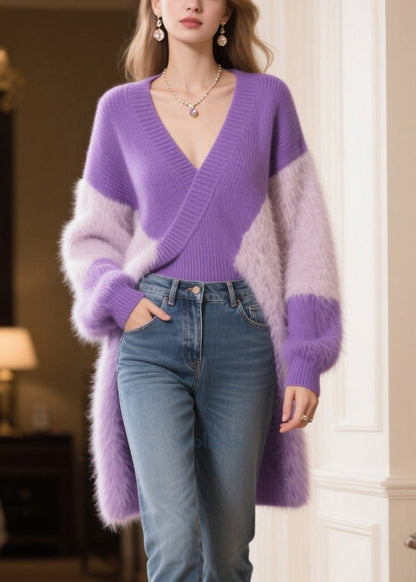 Women Purple V Neck Patchwork Faux Fur Long Sweater Winter