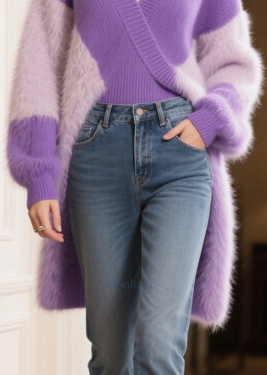 Women Purple V Neck Patchwork Faux Fur Long Sweater Winter
