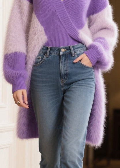 Women Purple V Neck Patchwork Faux Fur Long Sweater Winter