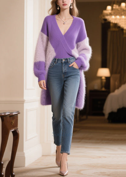 Women Purple V Neck Patchwork Faux Fur Long Sweater Winter