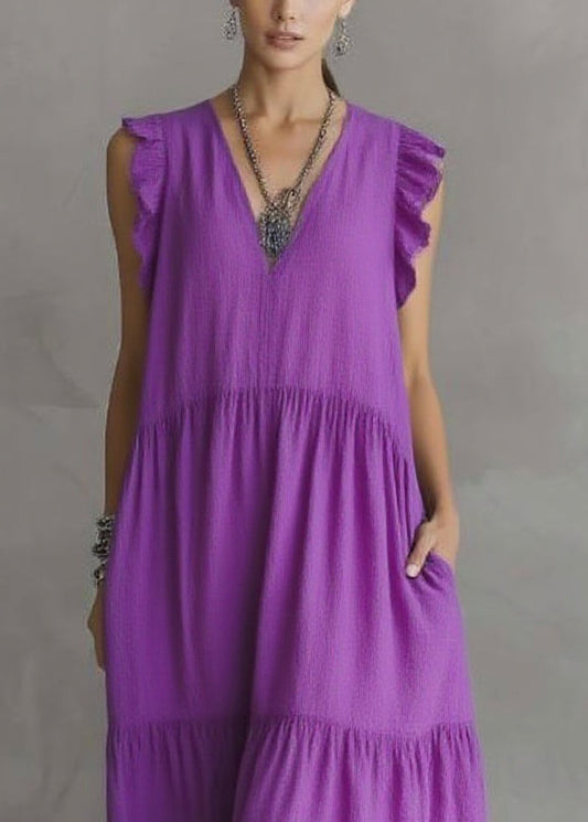 Women Purple V Neck Patchwork Party Solid Maxi Dress Butterfl Sleeve