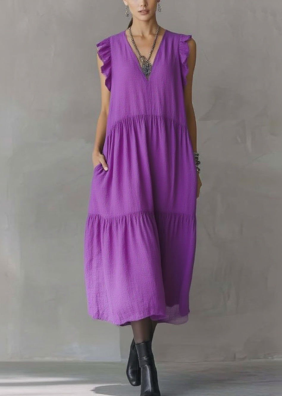 Women Purple V Neck Patchwork Party Solid Maxi Dress Butterfl Sleeve