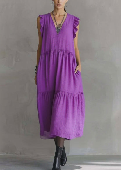 Women Purple V Neck Patchwork Party Solid Maxi Dress Butterfl Sleeve