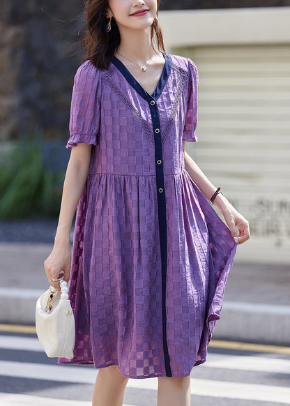 Women Purple V Neck Plaid Patchwork Cotton Dresses Summer