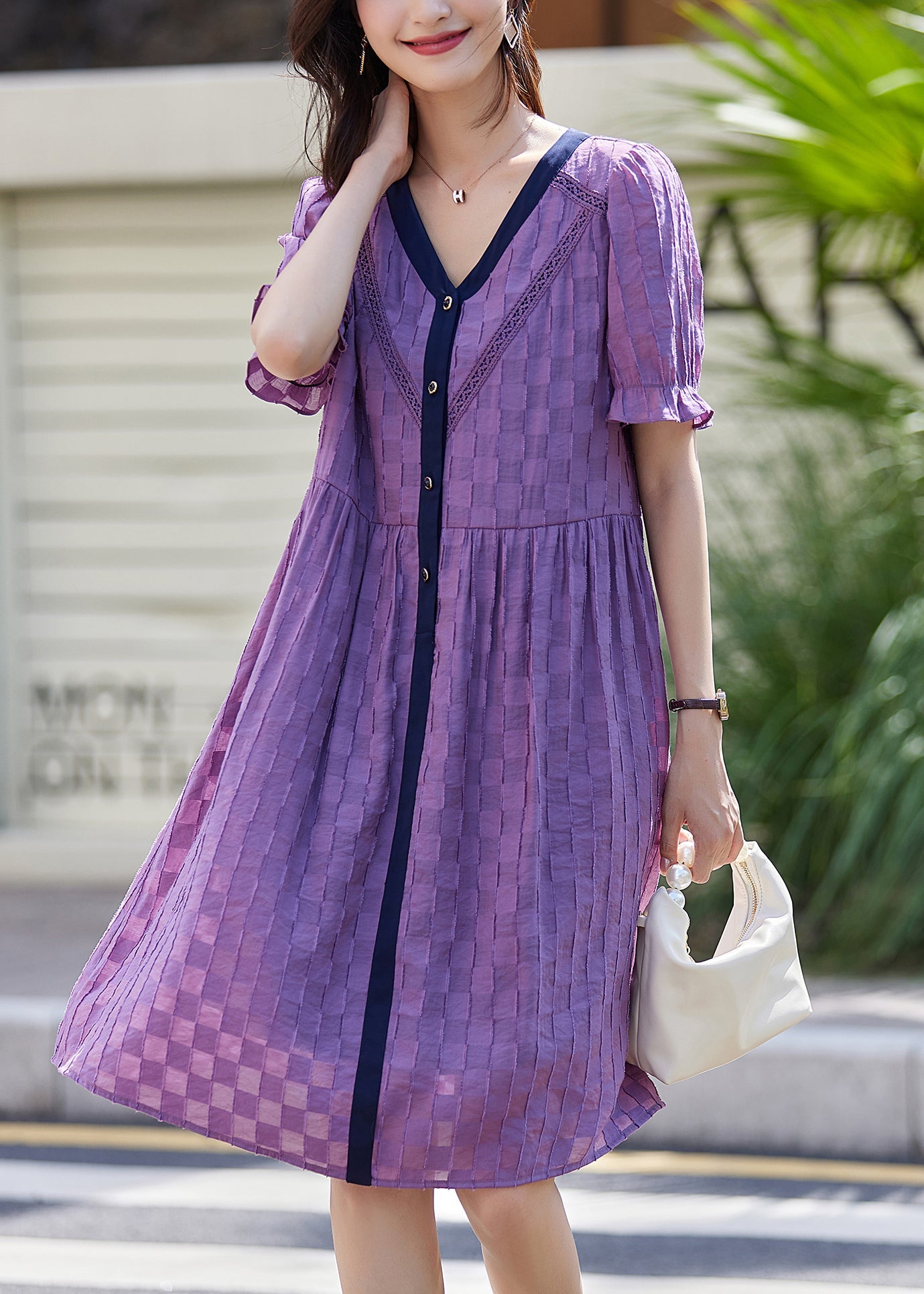 Women Purple V Neck Plaid Patchwork Cotton Dresses Summer