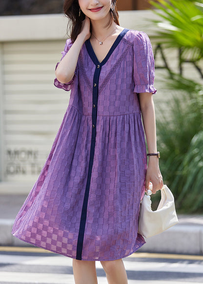 Women Purple V Neck Plaid Patchwork Cotton Dresses Summer