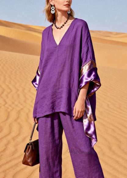 Women Purple V Neck Silk Patchwork Linen Two Pieces Set Summer