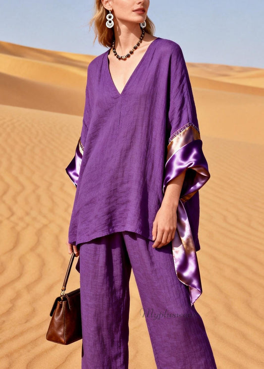 Women Purple V Neck Silk Patchwork Linen Two Pieces Set Summer