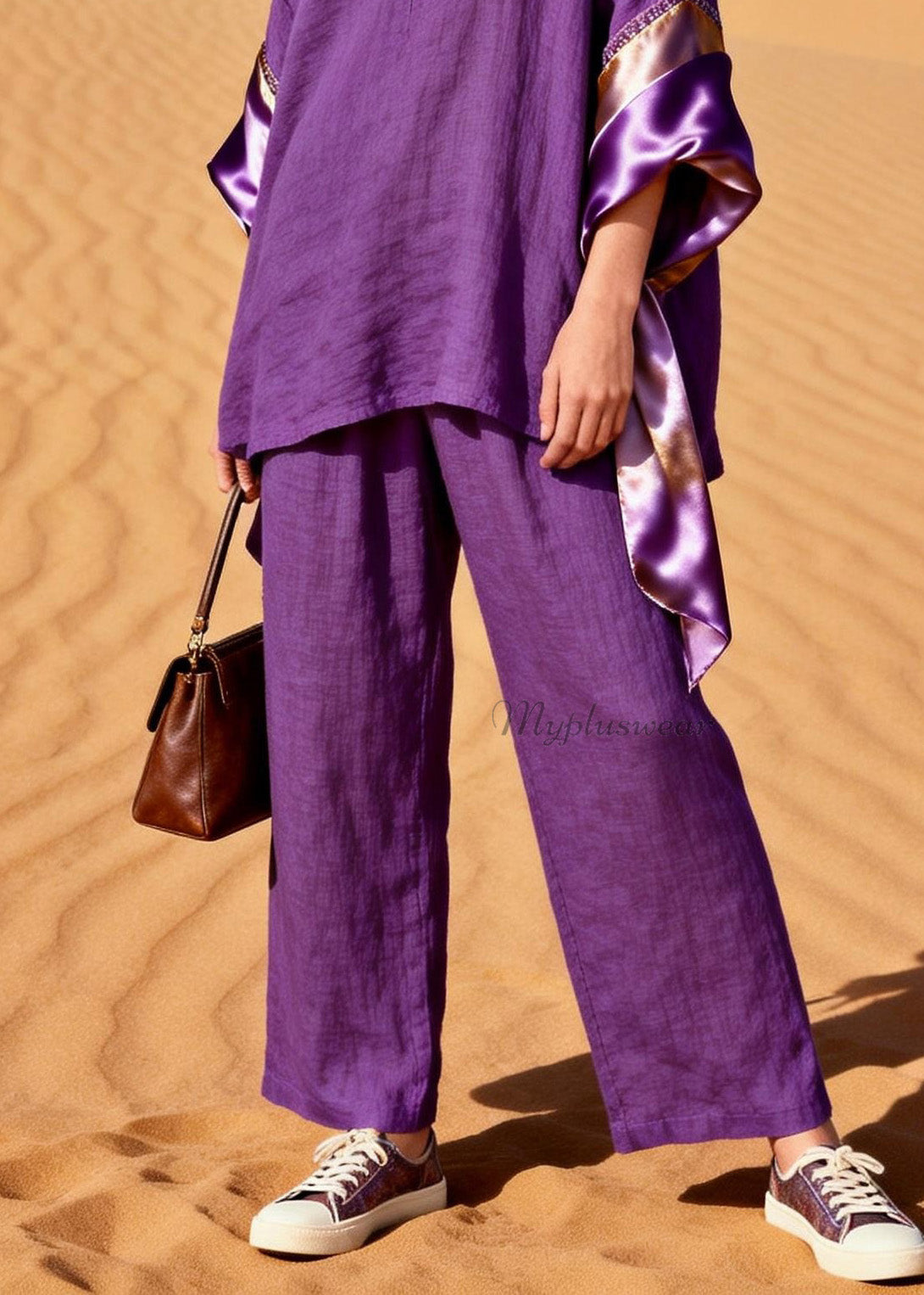 Women Purple V Neck Silk Patchwork Linen Two Pieces Set Summer