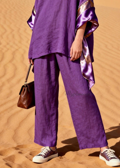 Women Purple V Neck Silk Patchwork Linen Two Pieces Set Summer