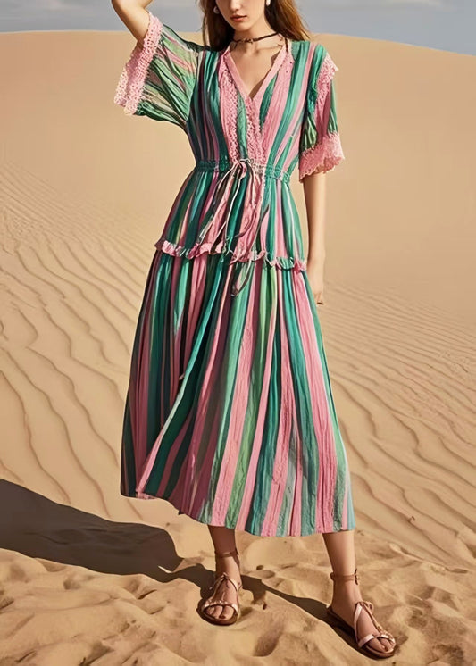 Women Rainbow Cinched Striped Cotton Holiday Dress Summer