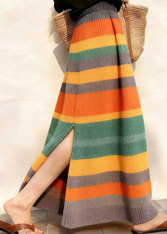 Women Rainbow Elastic Waist Side Open Knit Skirt Winter